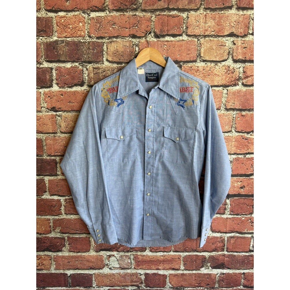 Vintage DeeCee Rangers Pabst Blue Ribbon Mens L Blue Western Shirt Pearl Snap